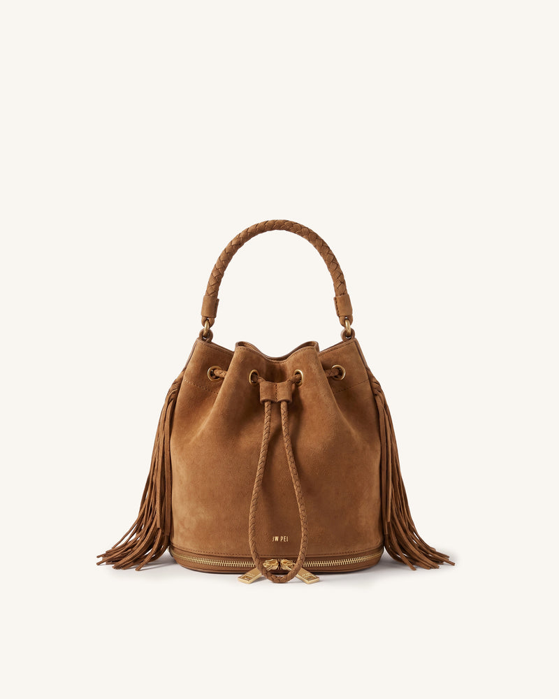 Sienna Faux Suede Fringe Drawstring Bucket Bag – Camel