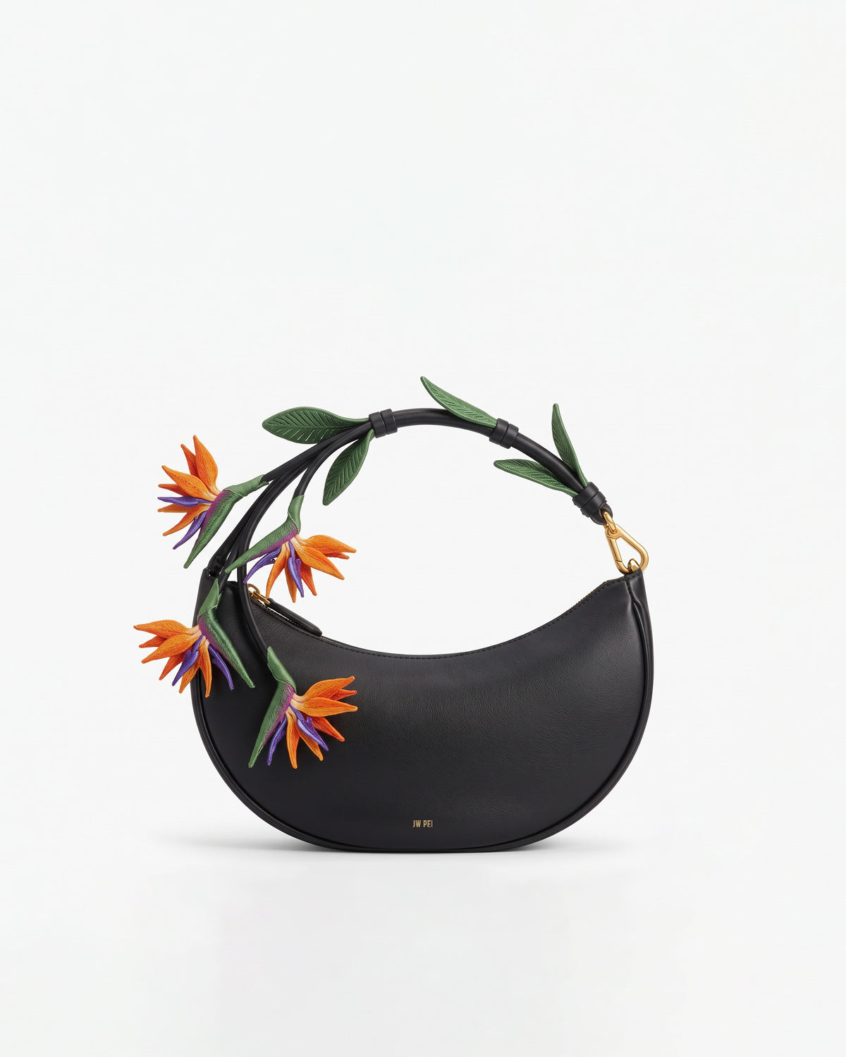 Carly Bird of Paradise 3D Embroidered Floral Crescent Bag - Black