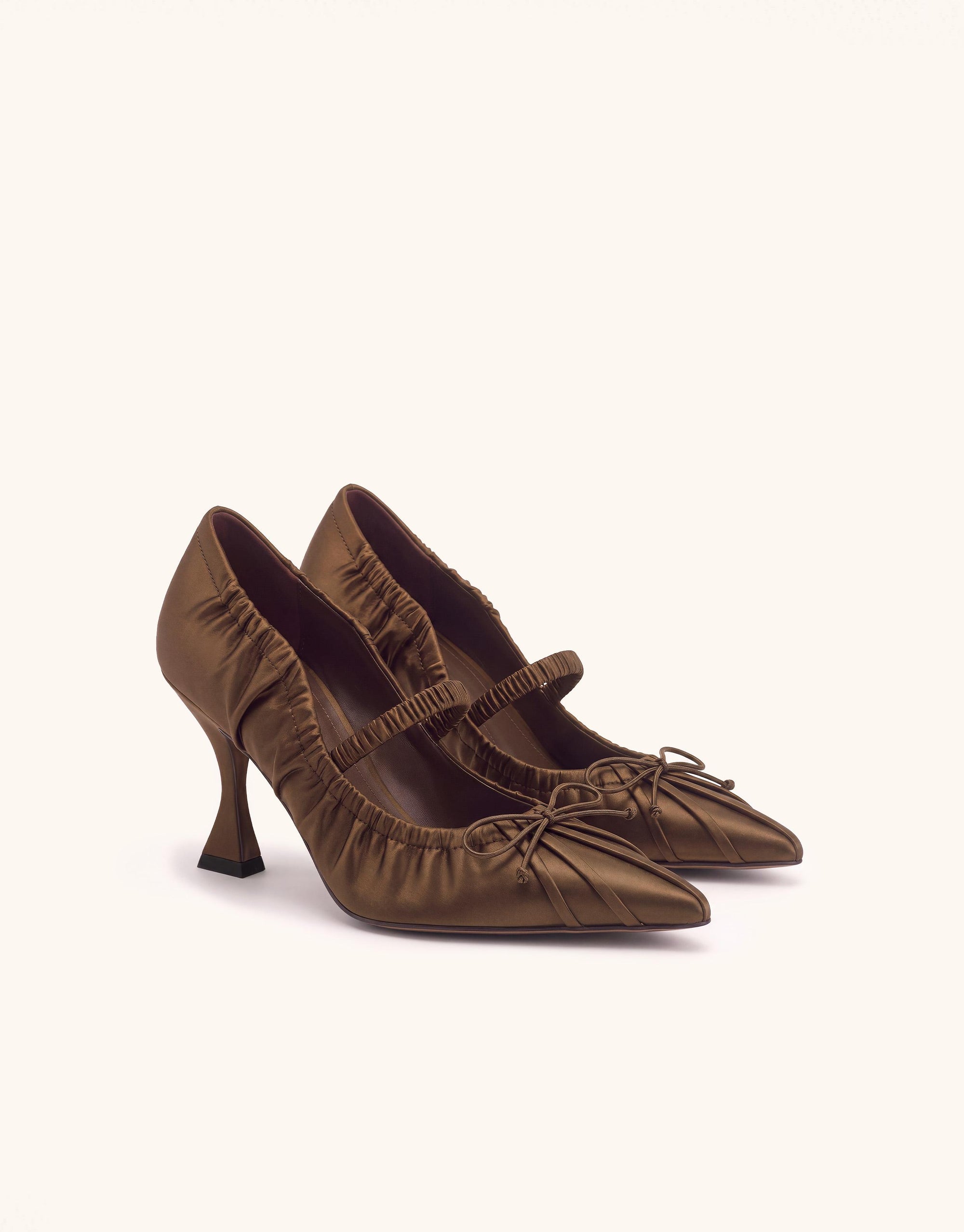 Solenne Satin Bow Ruched Mary Jane Pumps - Chocolate Brown