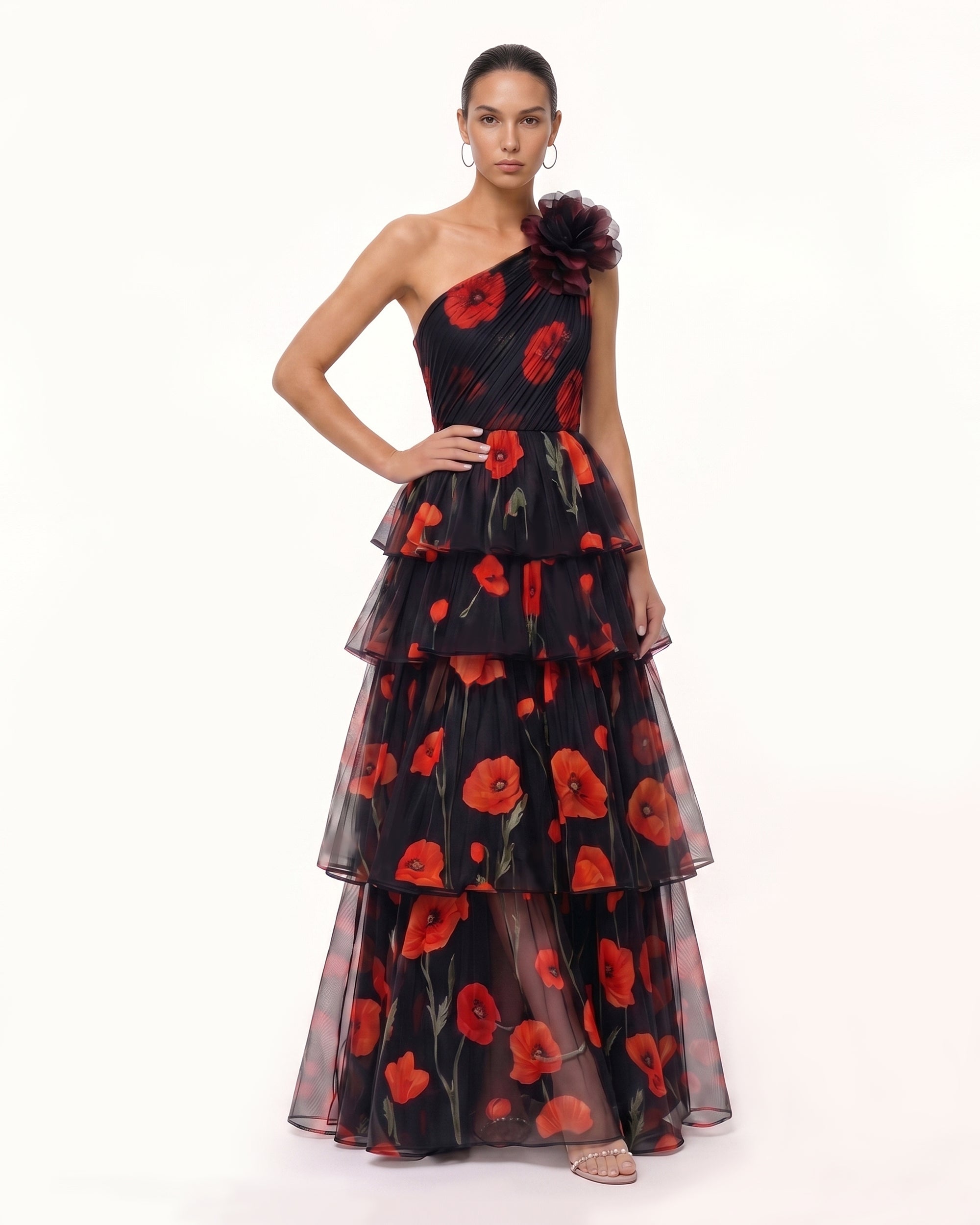 Corn Poppy One-Shoulder Tiered Maxi Dress - Black