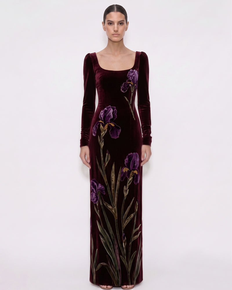Velvet Iris Print Long Sleeve Maxi Dress - Burgundy