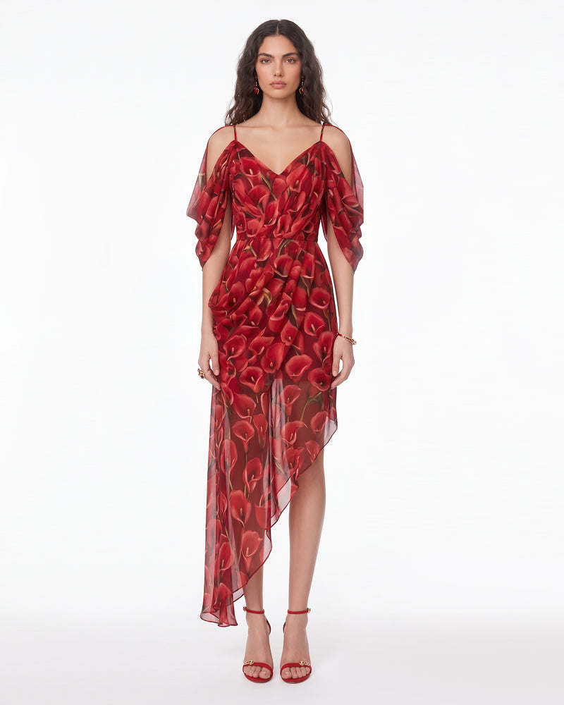 Calla Lily Draped Cold-Shoulder Asymmetric Midi Dress - Red