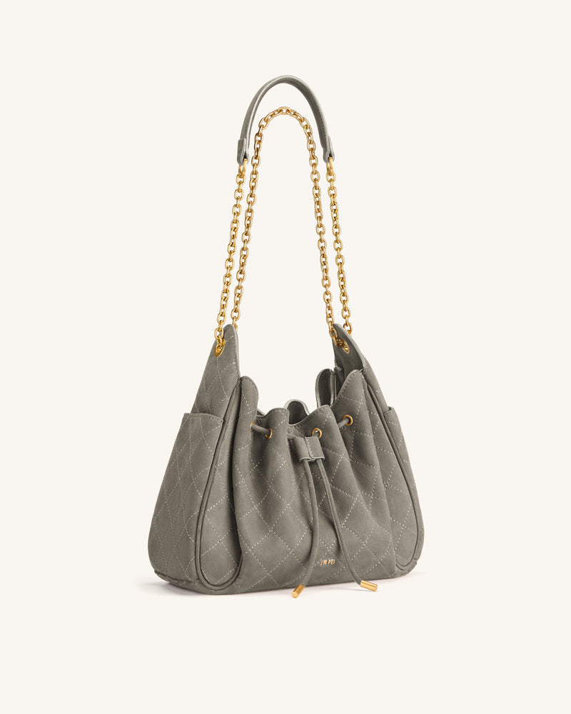 Rowan Faux Suede Quilted Chain Bucket Bag - Gray