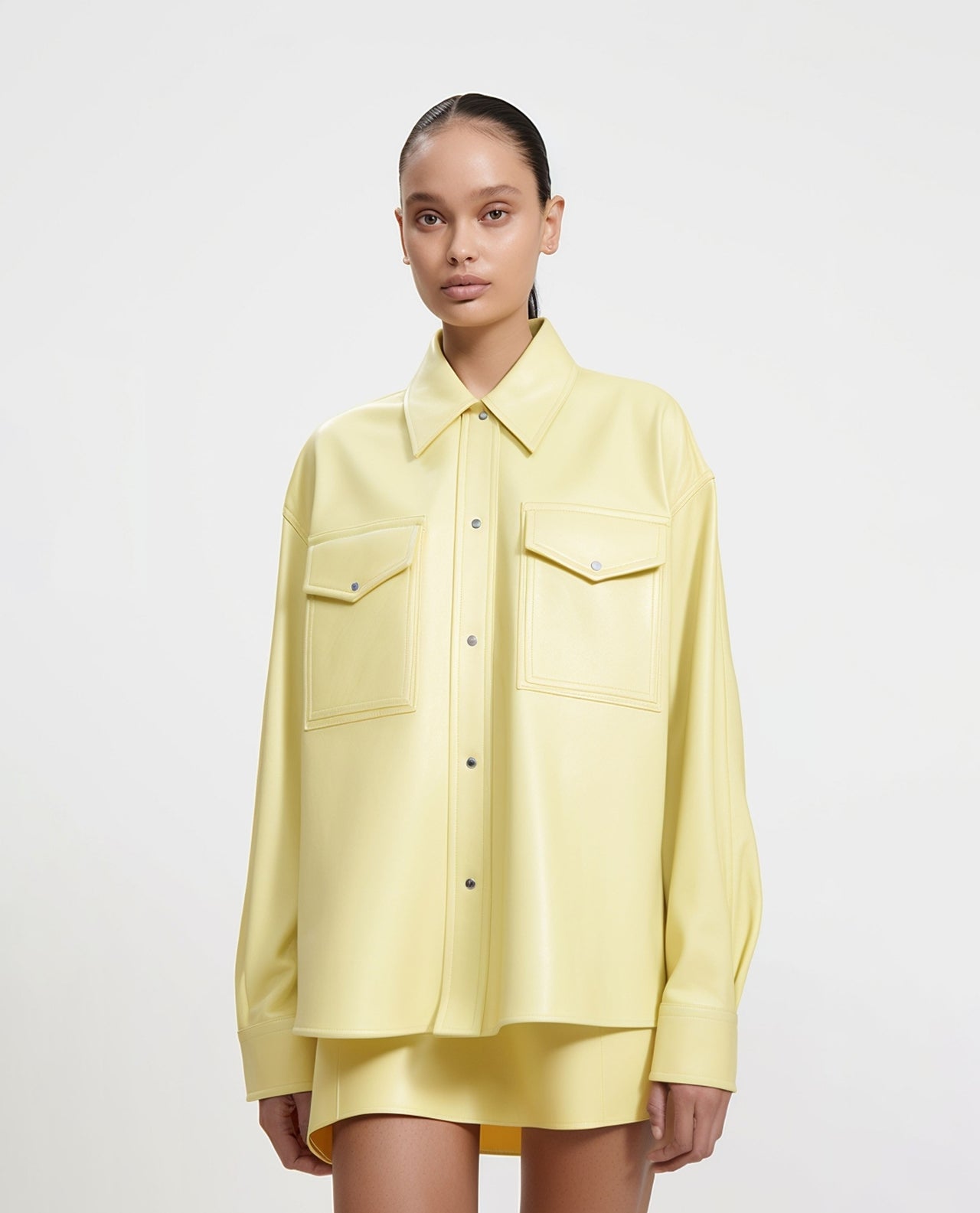 Artificial Vegan Leather Shirt-Light Yellow