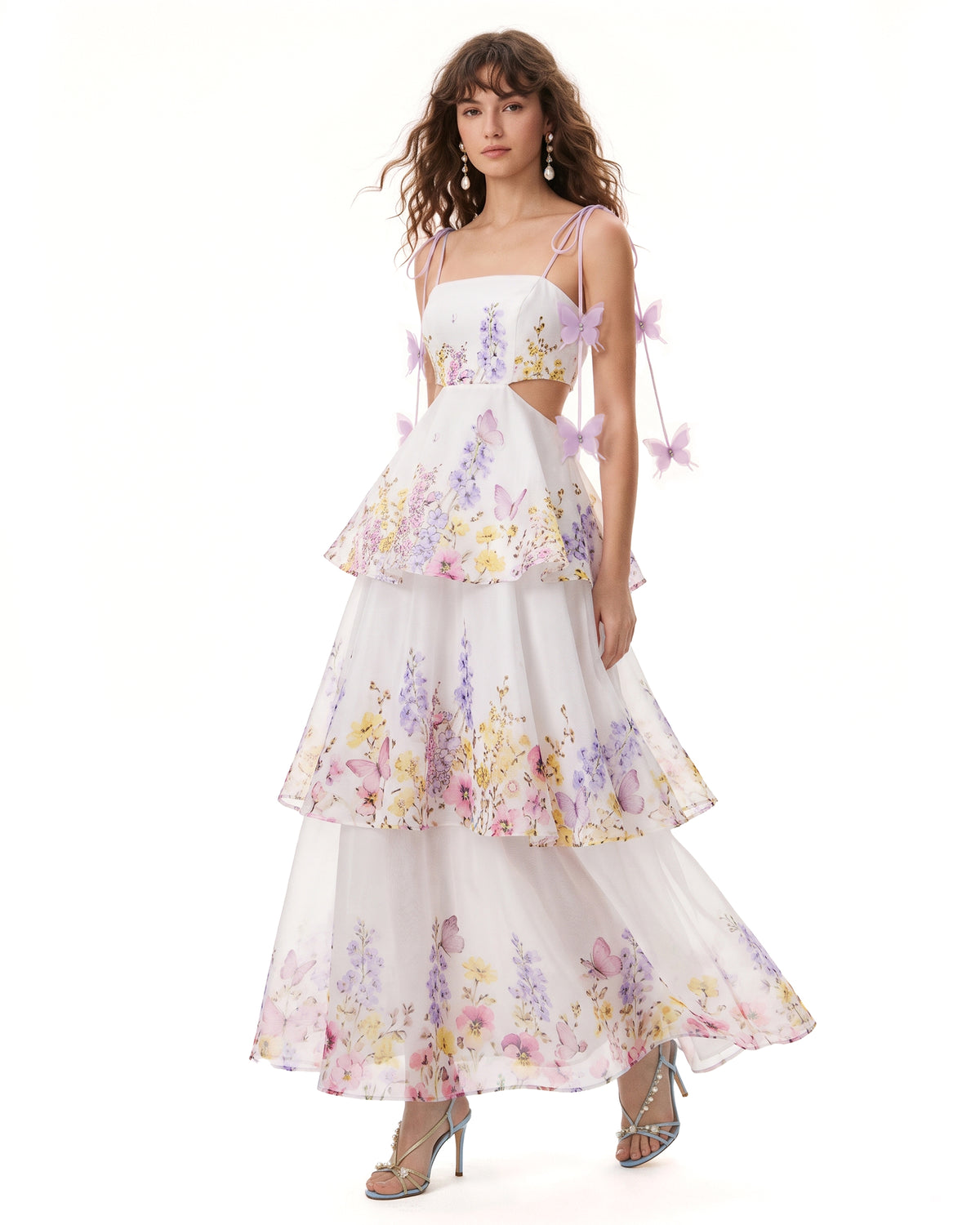 Butterfly Tie Cutout Tiered Maxi Dress - White