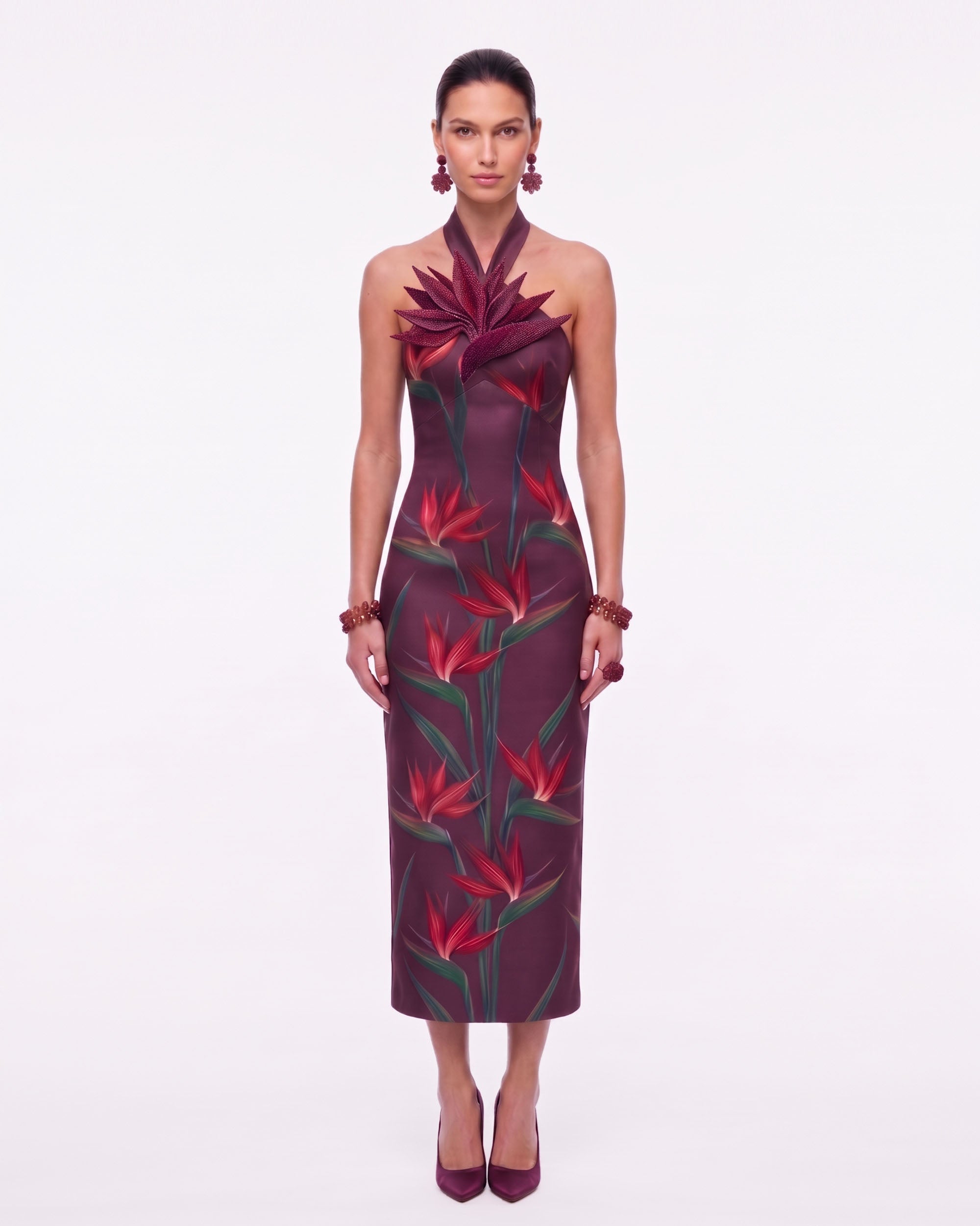 Bird of Paradise Appliqué Halter Column Midi Dress - Burgundy