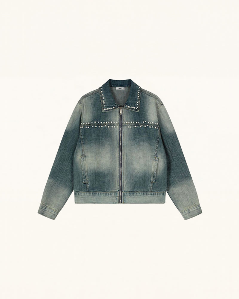 Pearl Embellished Denim Jacket - Blue