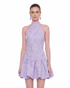 Floral Jacquard Halter Drop-Waist Bubble Mini Dress - Lilac