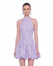 Floral Jacquard Halter Drop-Waist Bubble Mini Dress - Lilac