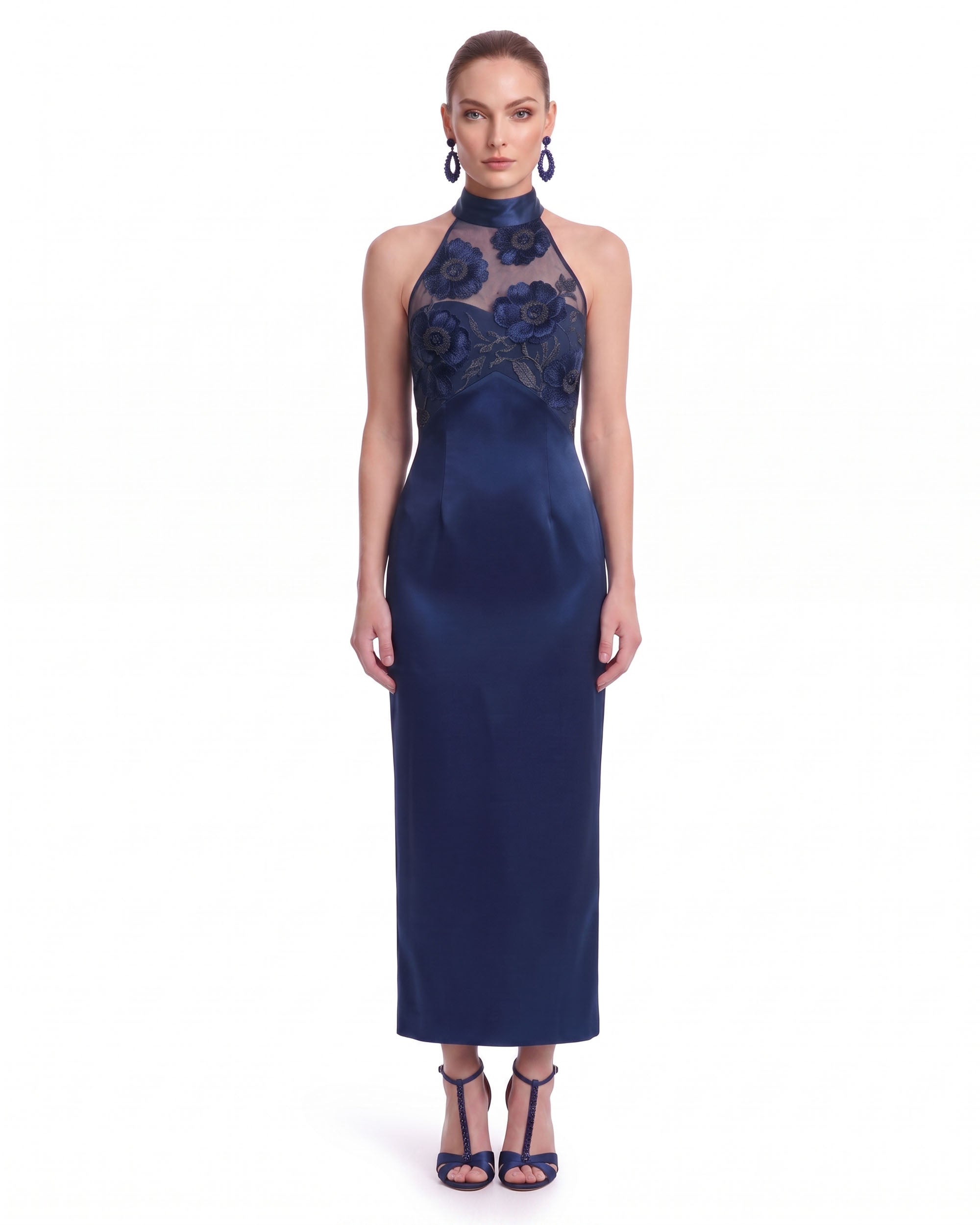 Floral Lace Halter Satin Midi Dress - Navy
