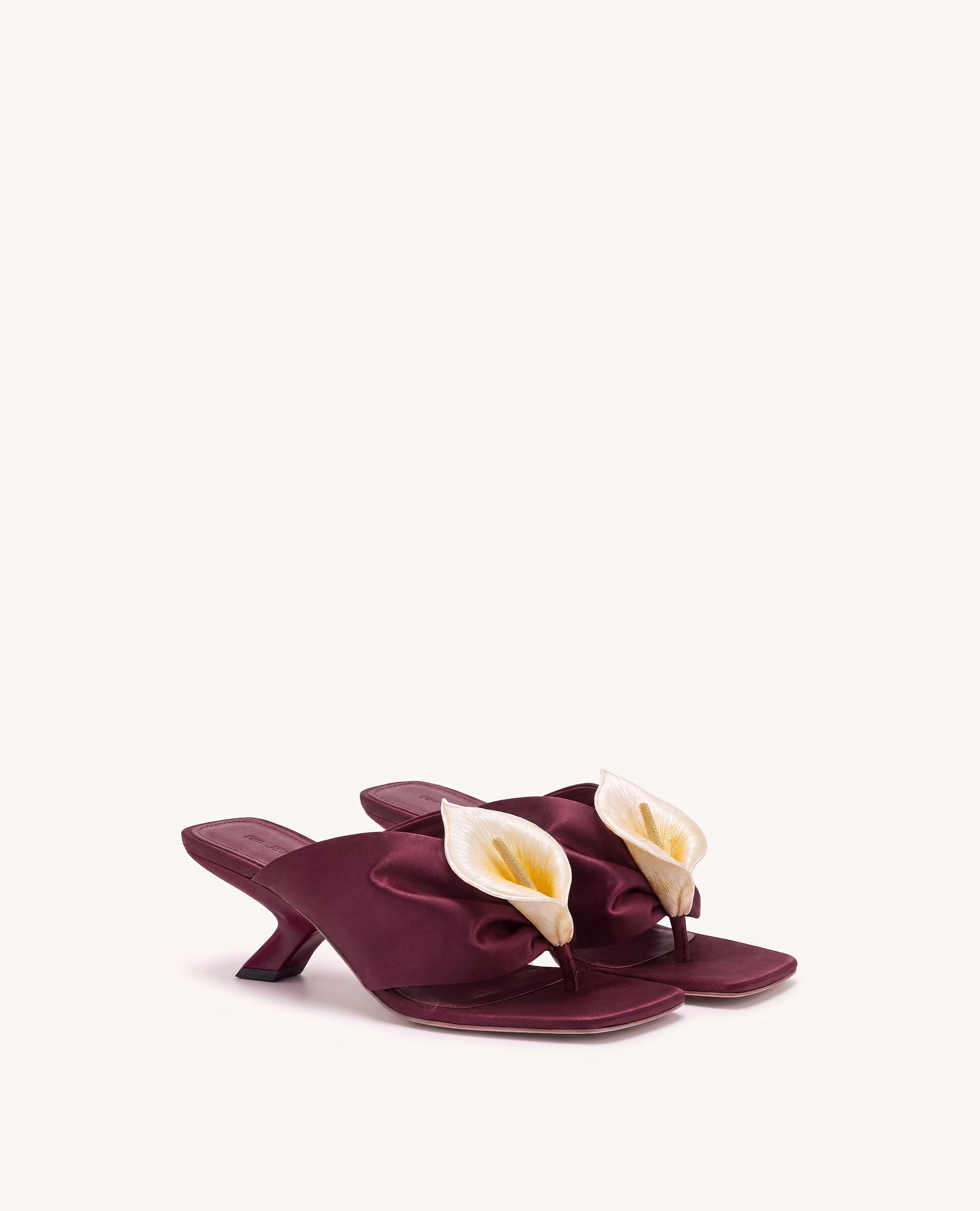 Bianca Calla Lily Ruched Toe-Post Heeled Sandals - Burgundy