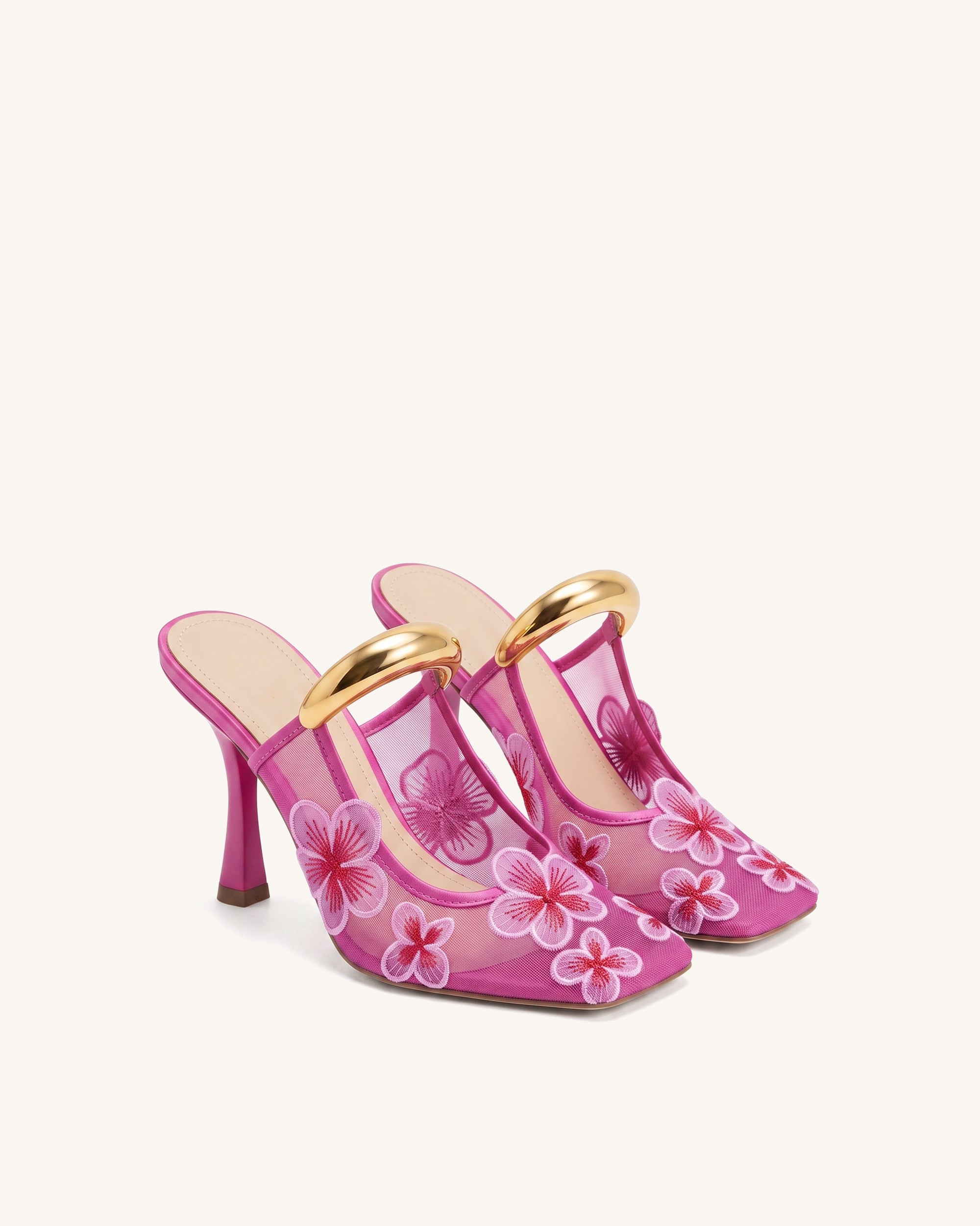 Mireille Pierced Floral Embroidered Appliqué Mesh Mules - Rose Red