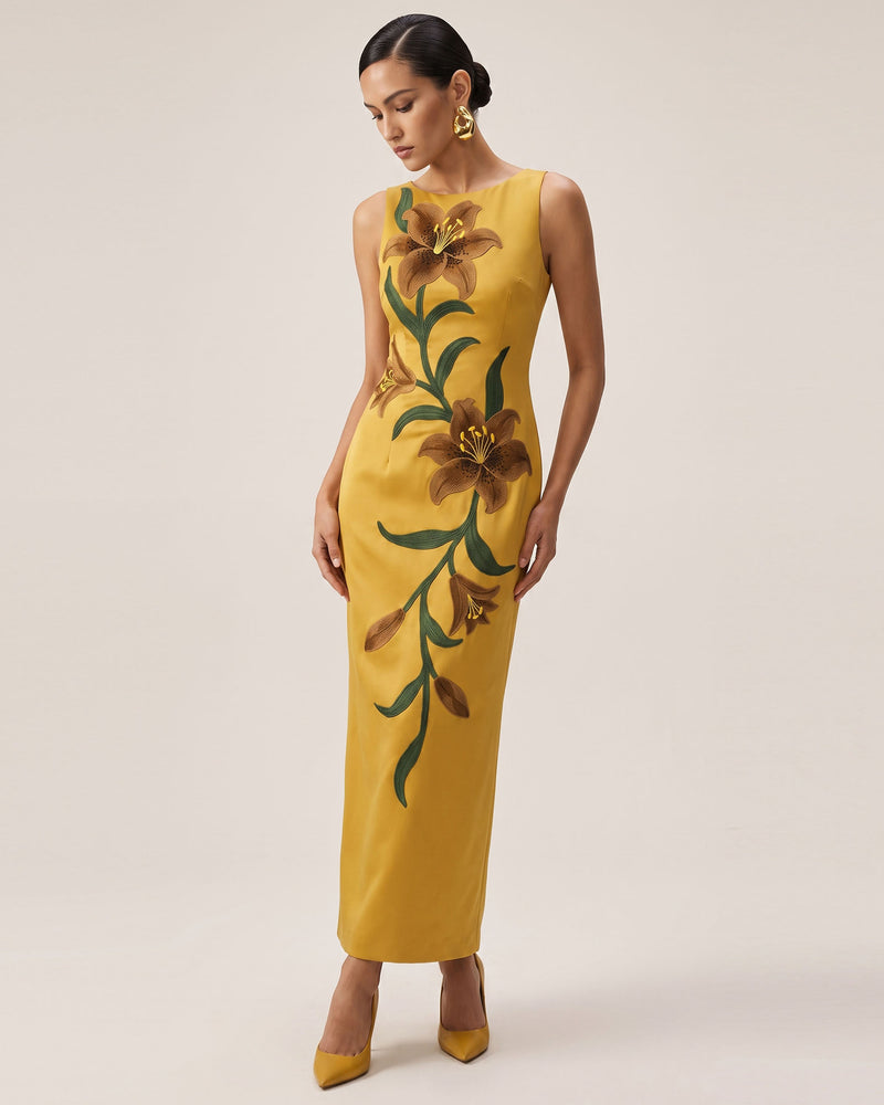 Lily Floral Print Sleeveless Column Maxi Dress - Mustard Yellow