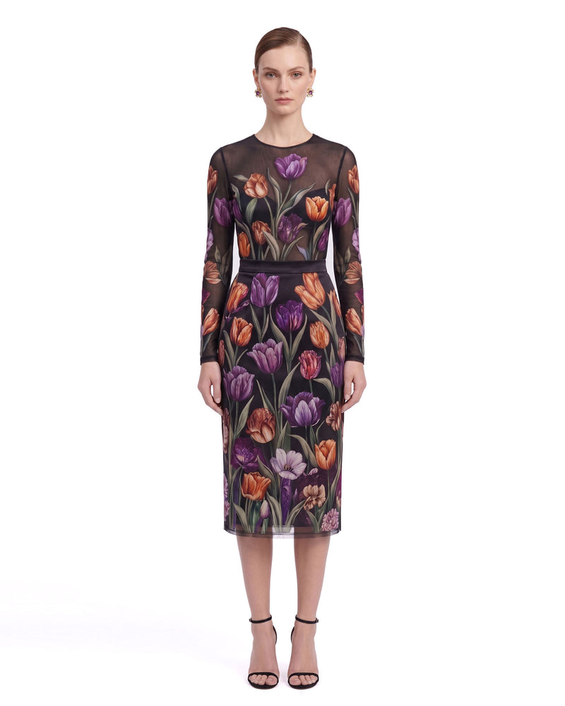 Tulip Print Sheer Long-Sleeve Top - Black