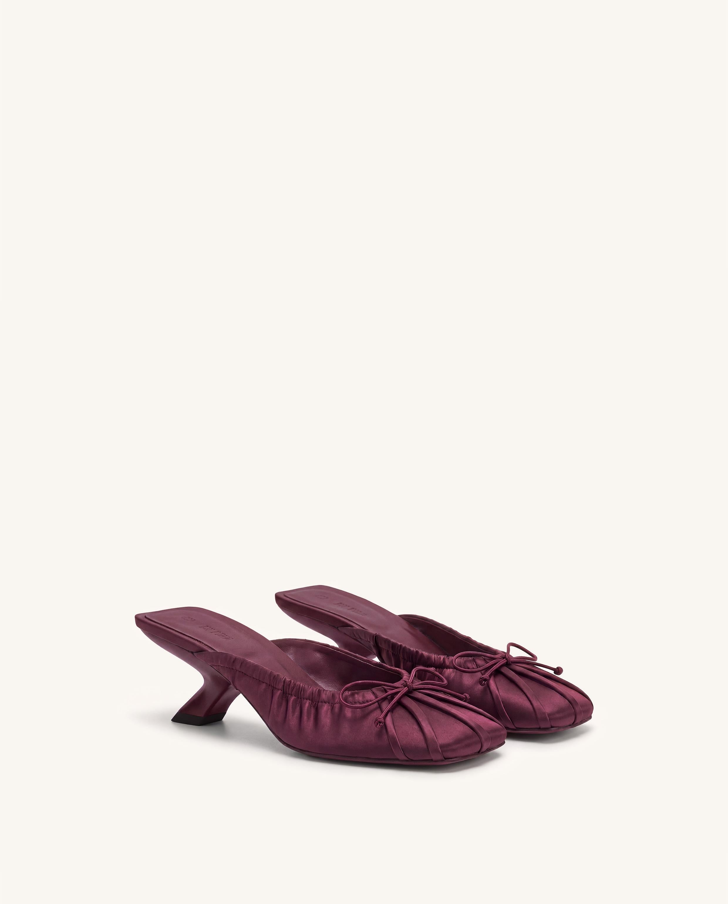 Solenne Satin Bow Ruched Mules - Burgundy