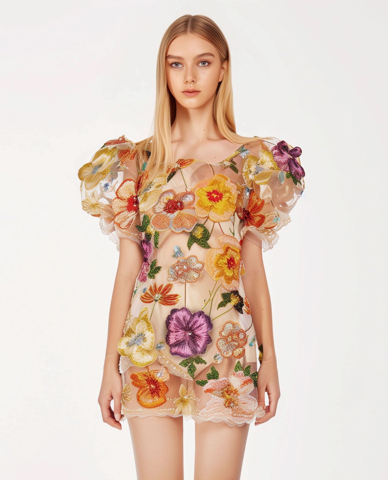 Apricot lined floral embroidered dress