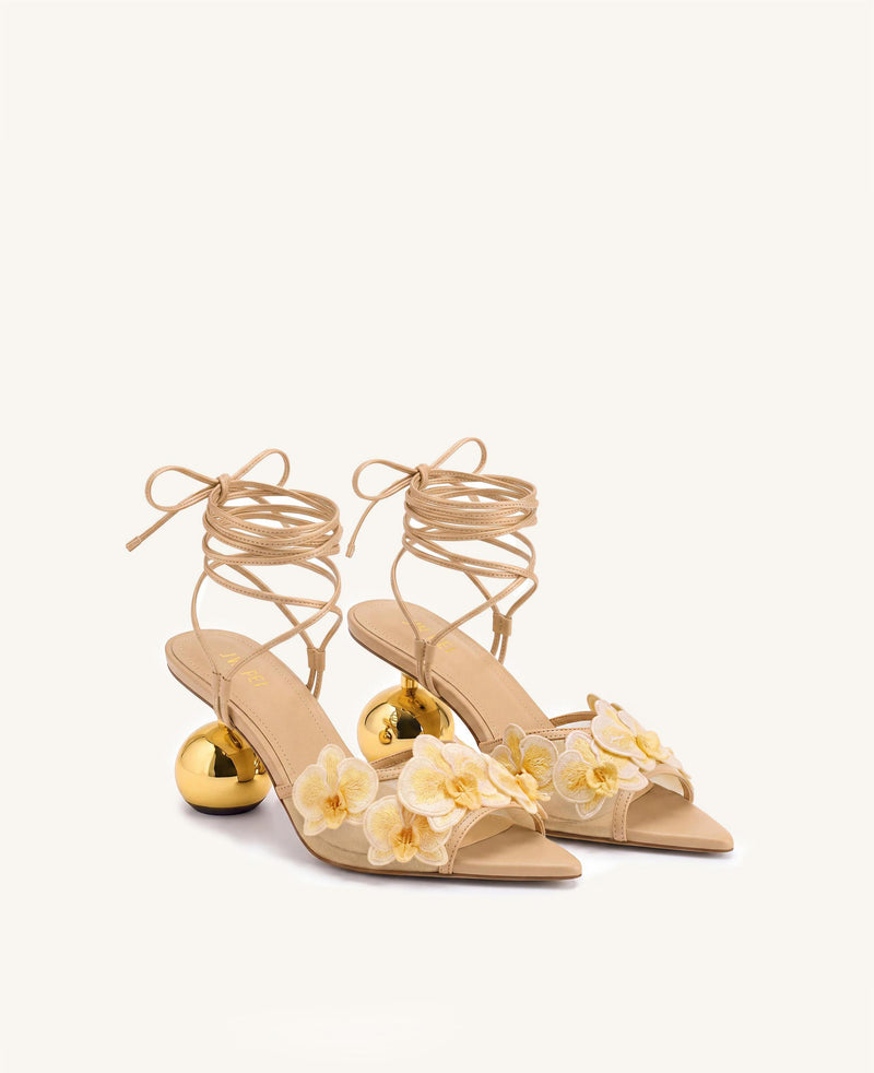 Celia Orchid Embroidered Sphere Heel Lace-Up Sandals - Butter Cream