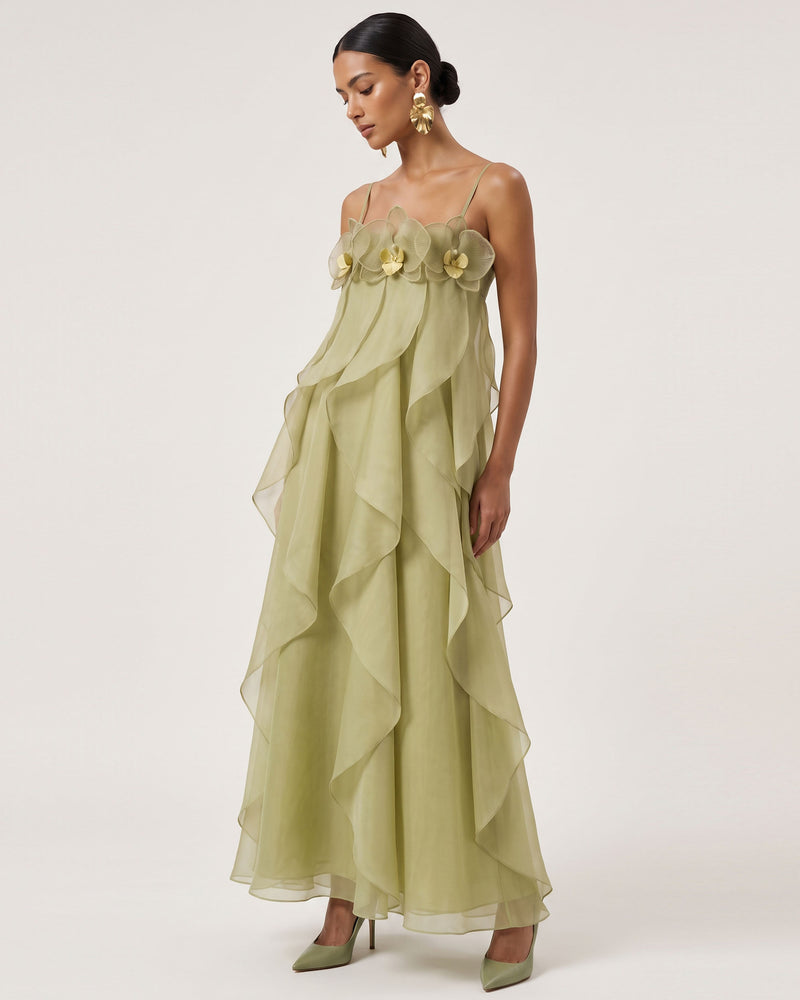 Orchid Embroidered Organza Maxi Dress - Light Green