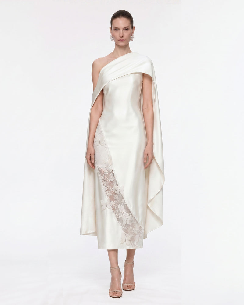 Butterfly Lace Panel Draped
 Satin Midi Dress - Ivory