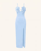 3D Floral Slit Maxi Dress - Light Blue