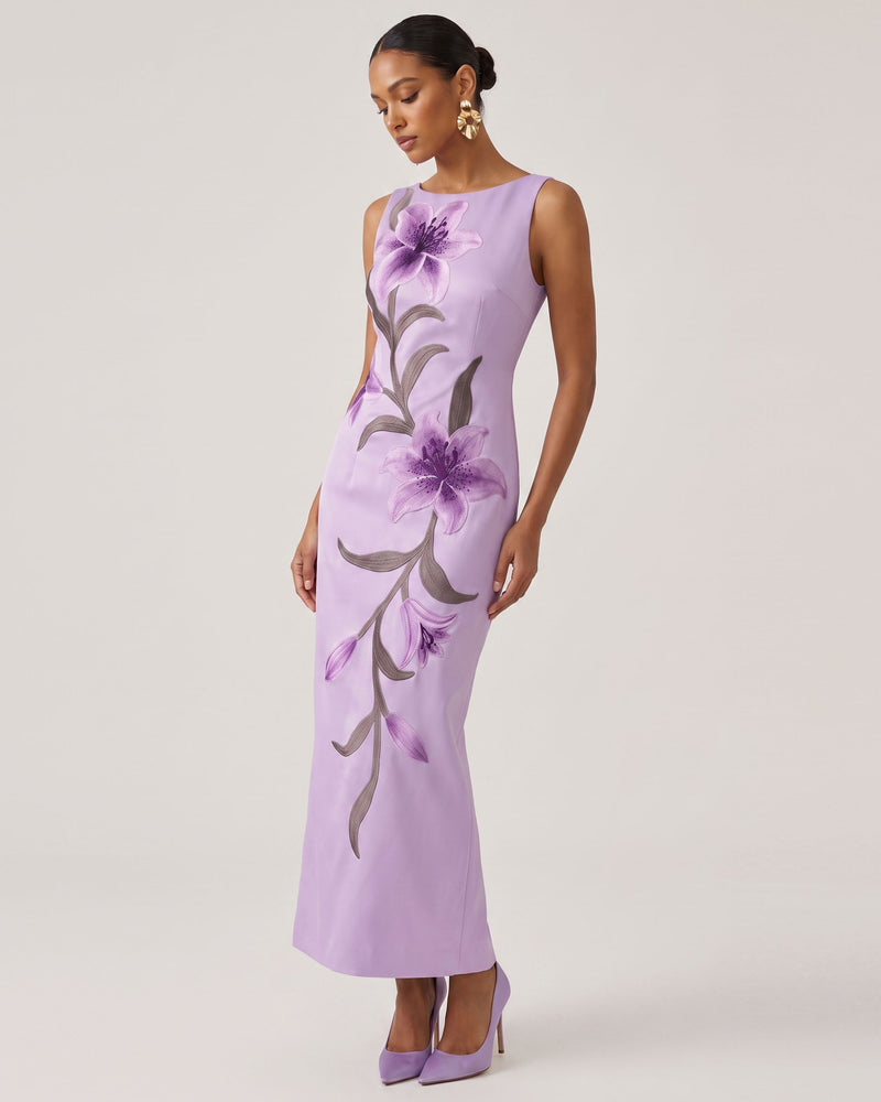 Lily Floral Print Sleeveless Column Maxi Dress - Light Purple