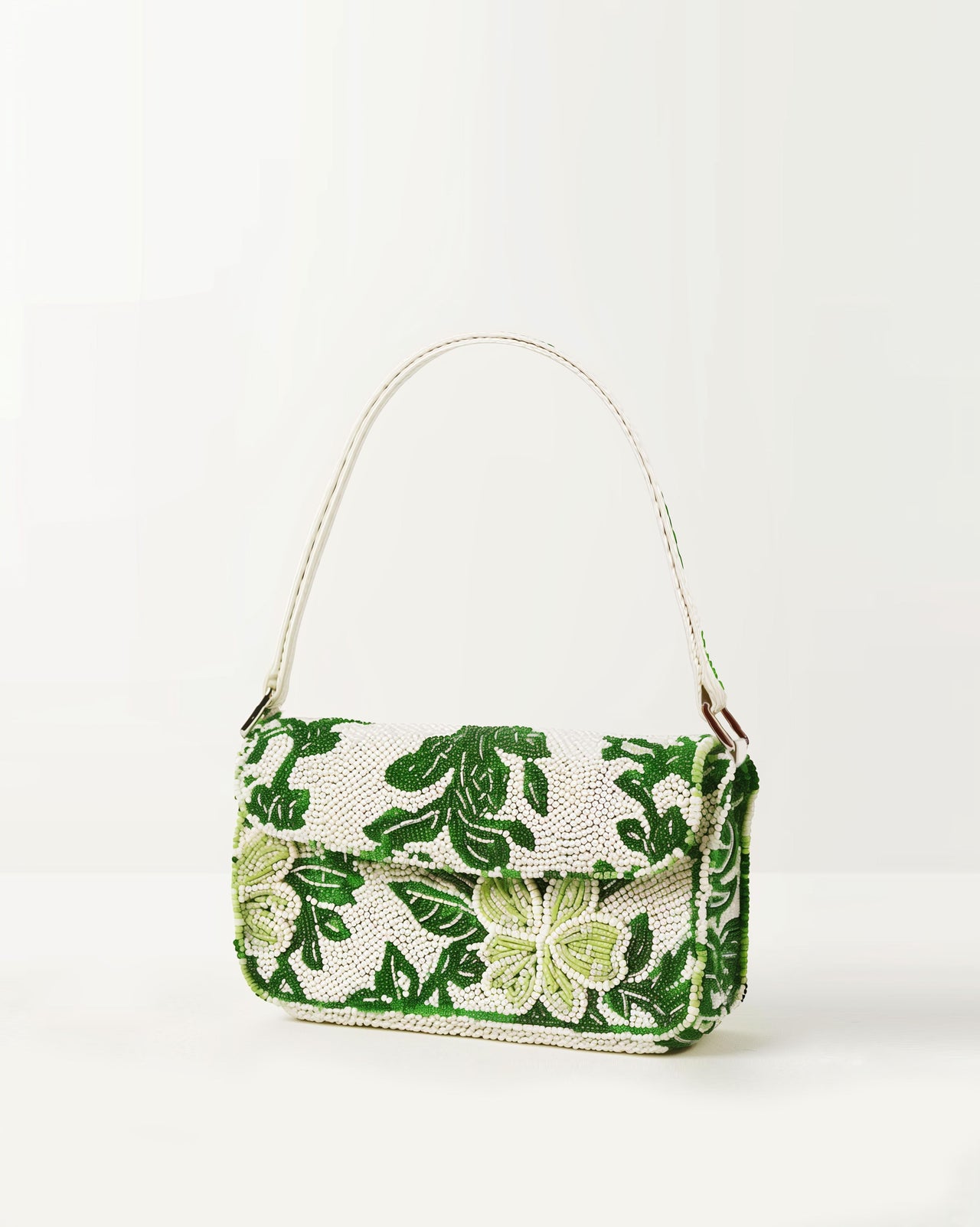 Green Bead Flower Embellished Shoulder Bag