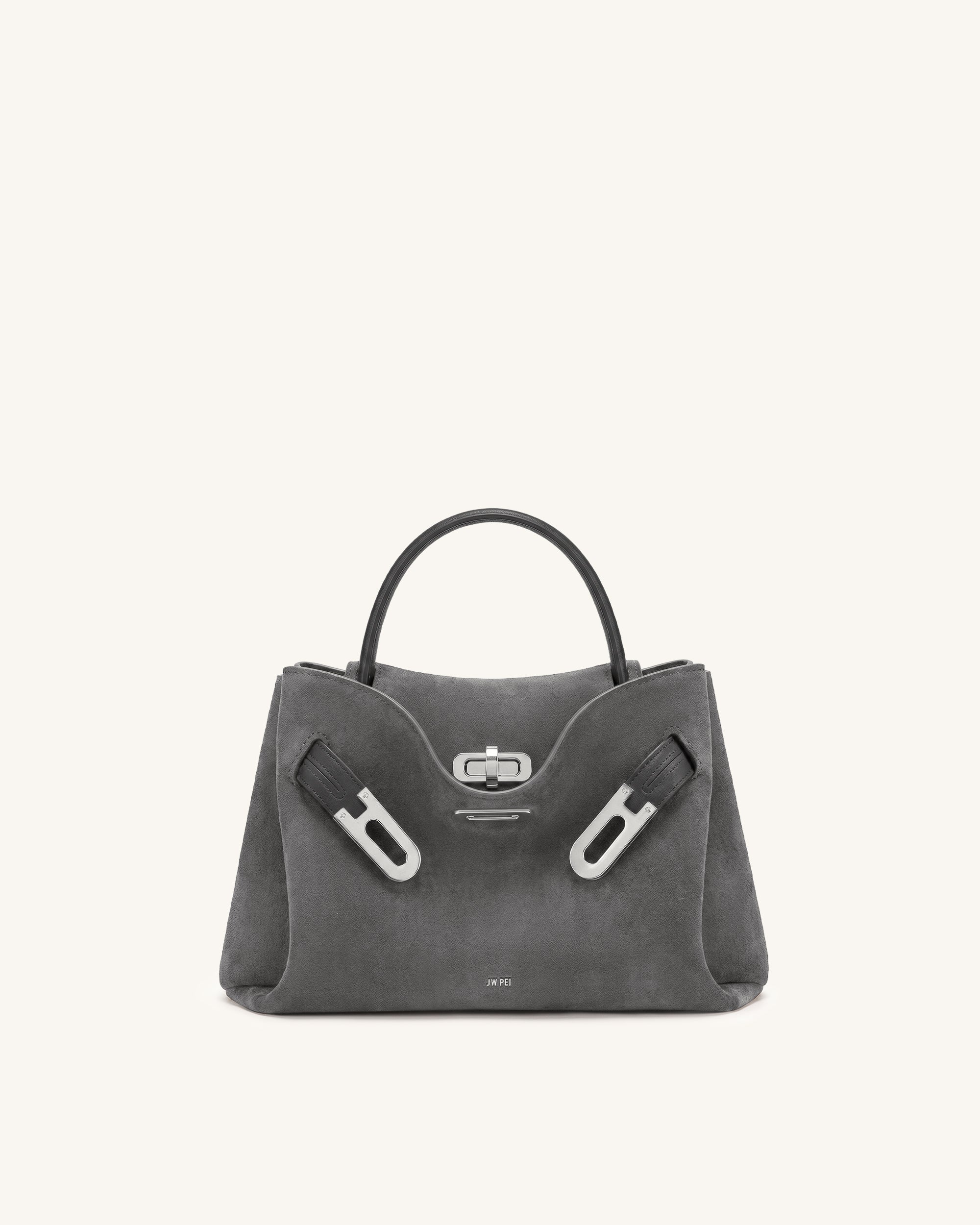 Rhea Small Faux Suede Double Buckle Shoulder Bag - Smoke Grey