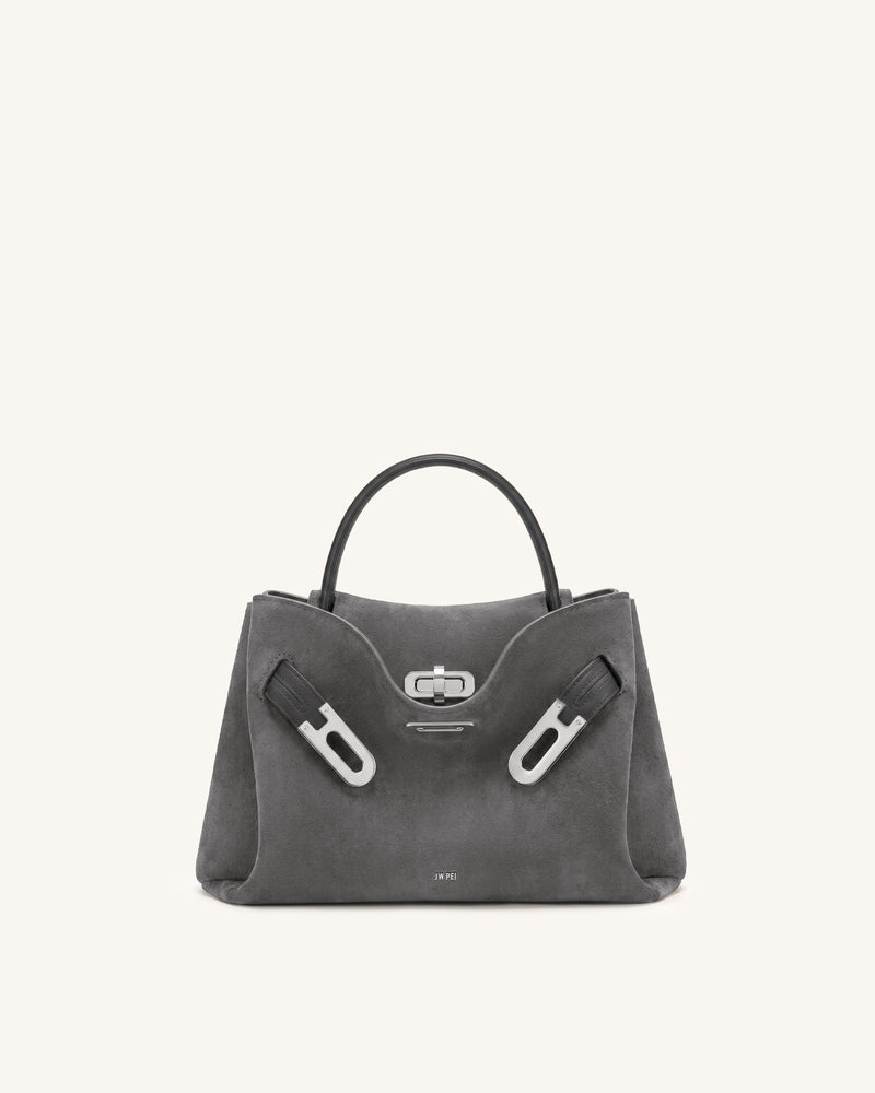 Rhea Small Faux Suede Double Buckle Shoulder Bag - Smoke Grey