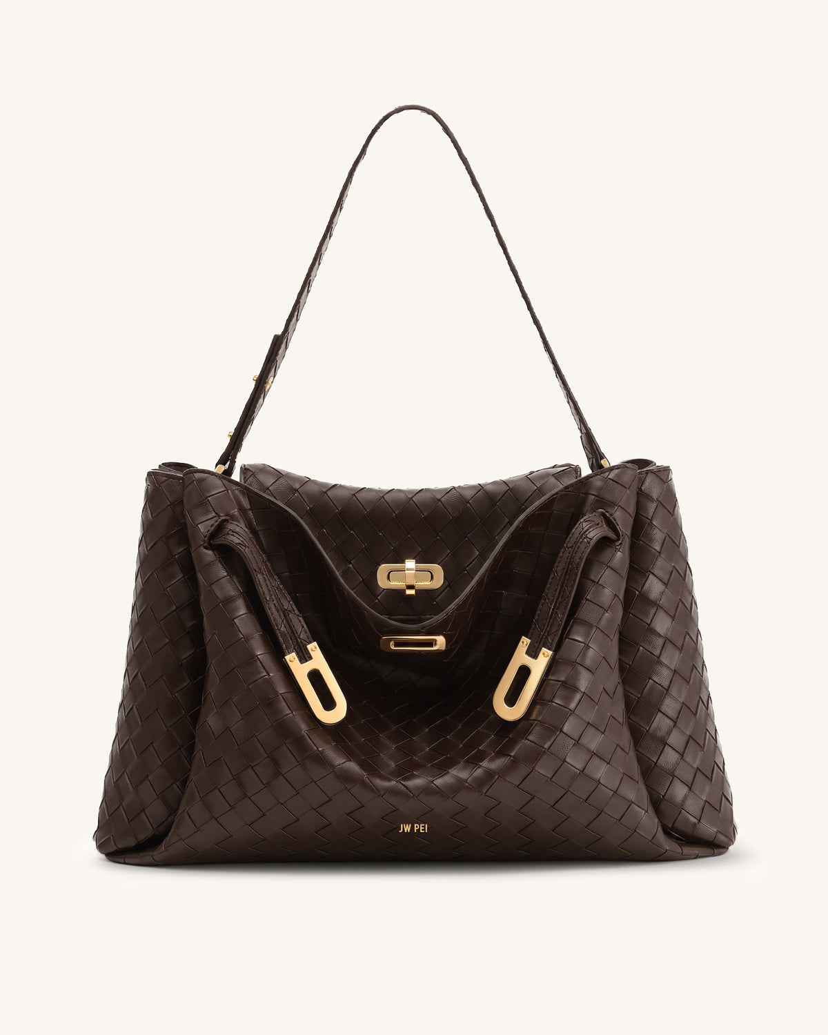 Rhea Large Woven Textured Shoulder Bag - Dark Brown