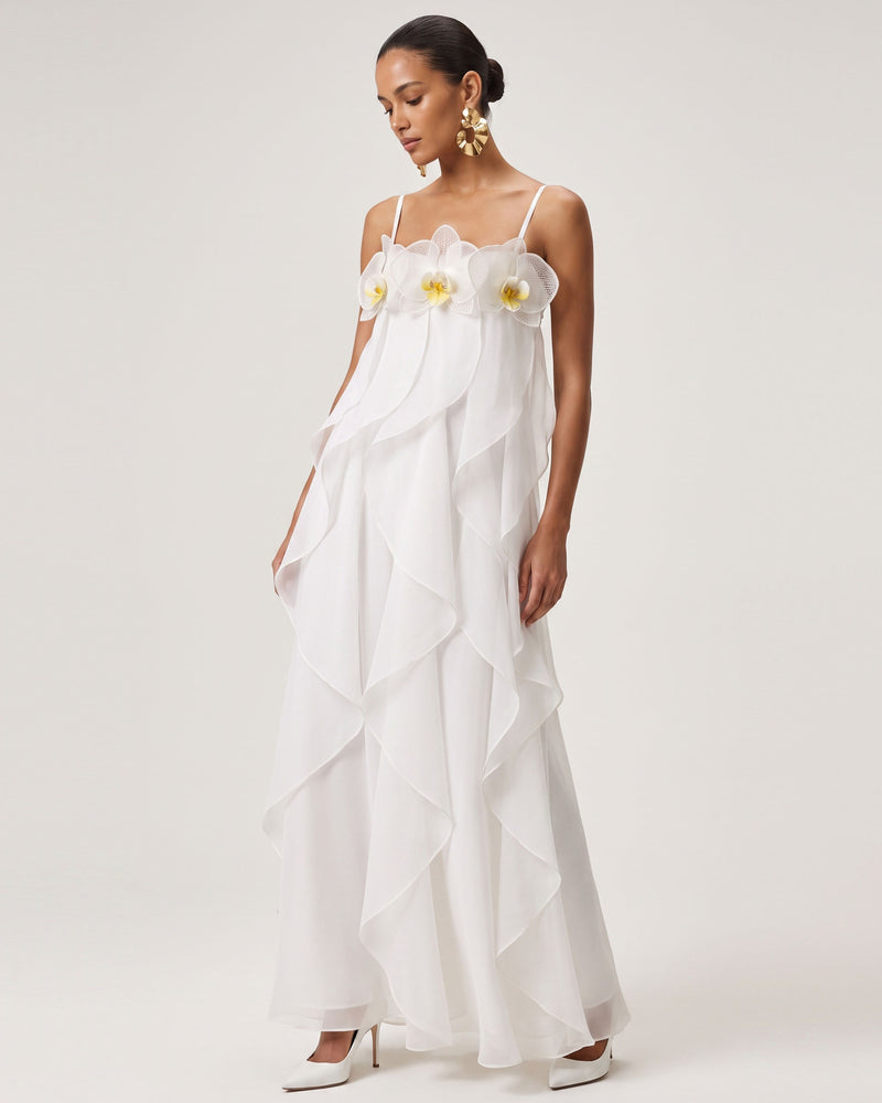 Orchid Embroidered Organza Maxi Dress - White
