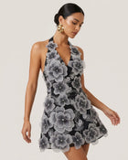Floral Embroidered Plunge Halter Mini Dress - Black