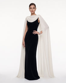 Cowl Neck Sheer Cape Maxi Gown - Black & White