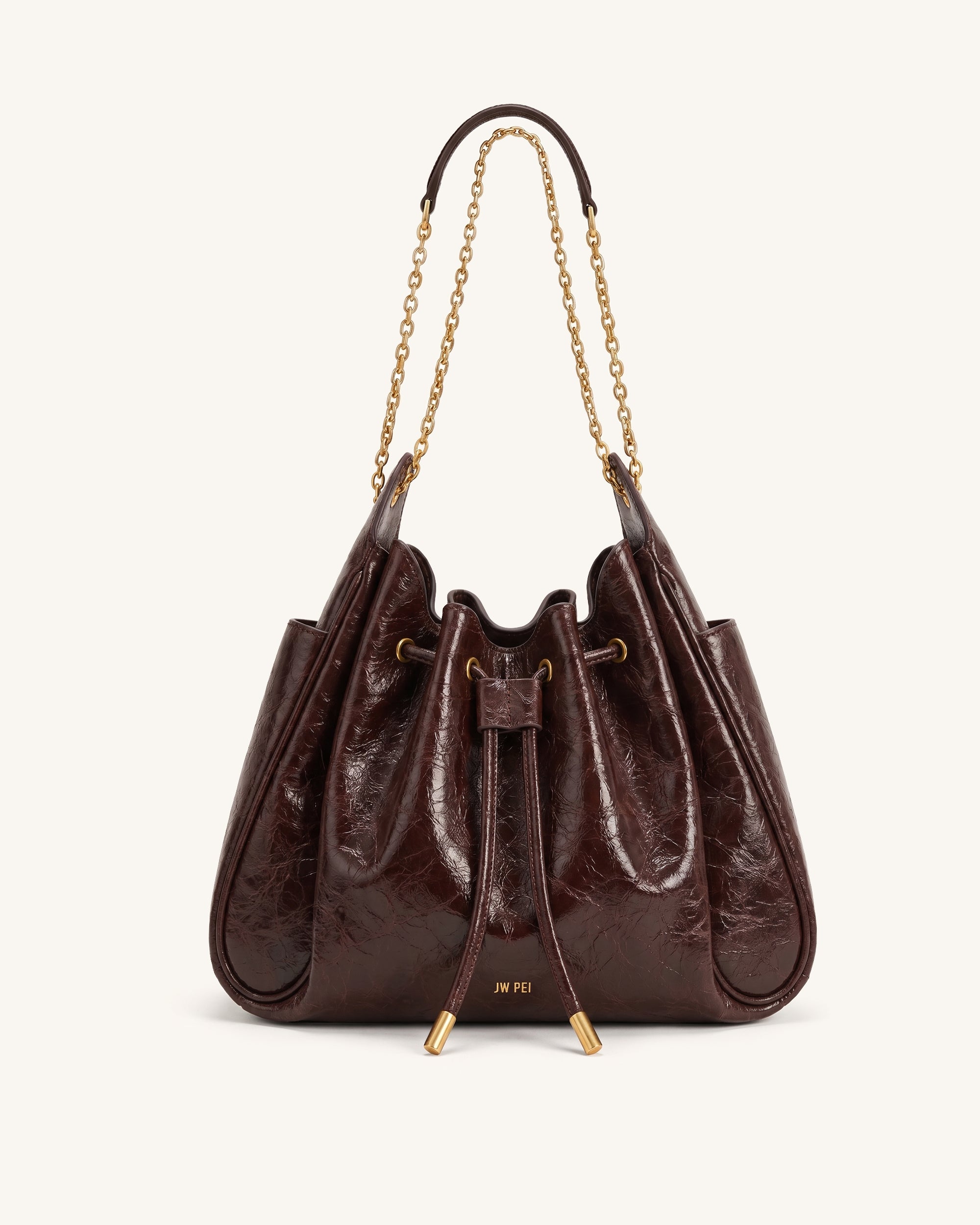 Rowan Ruched Drawstring Chain Bucket Bag - Agate Red