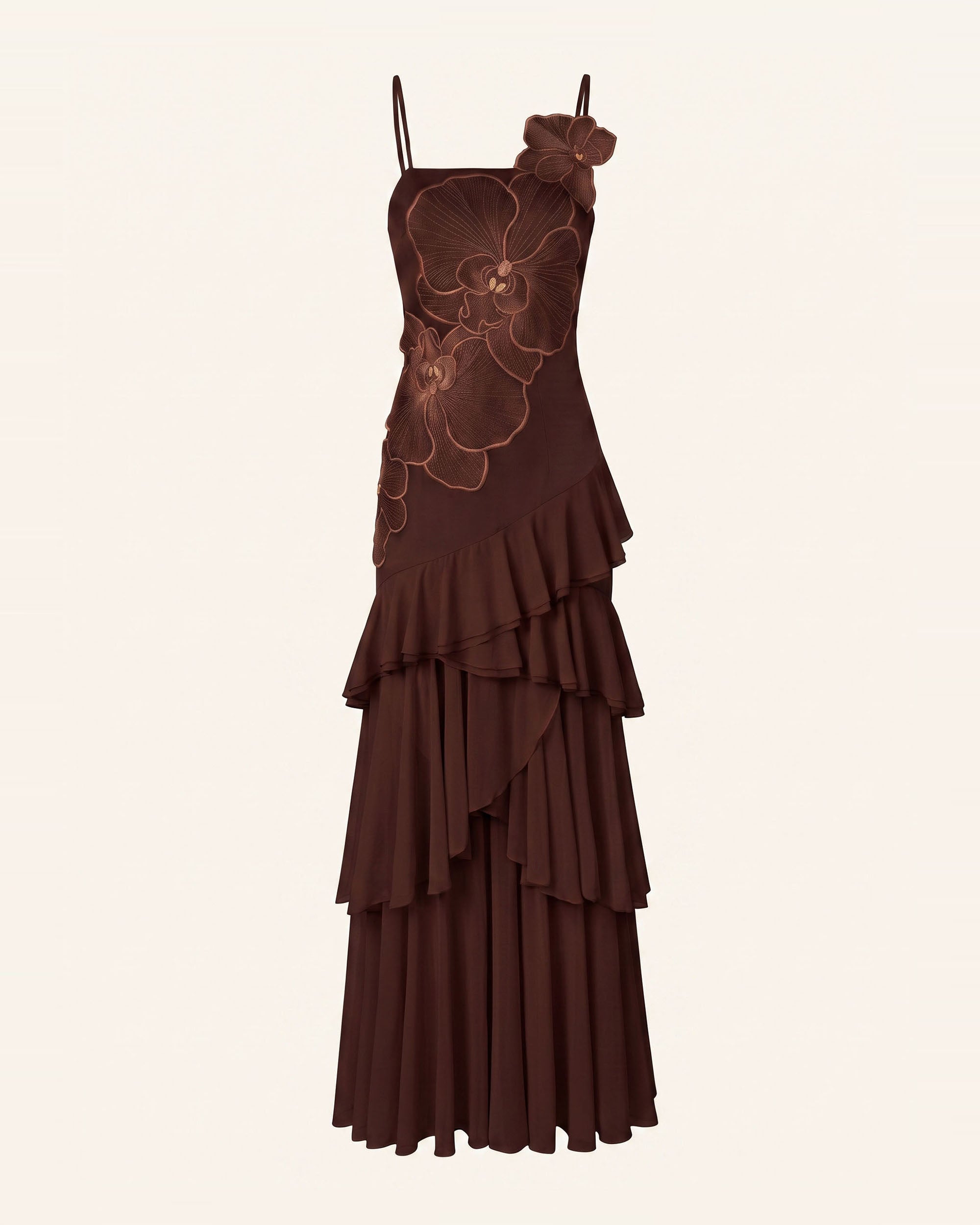 Orchid Embroidered Ruffled One-Shoulder Maxi Dress - Dark Brown