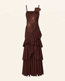 Orchid Embroidered Ruffled One-Shoulder Maxi Dress - Dark Brown