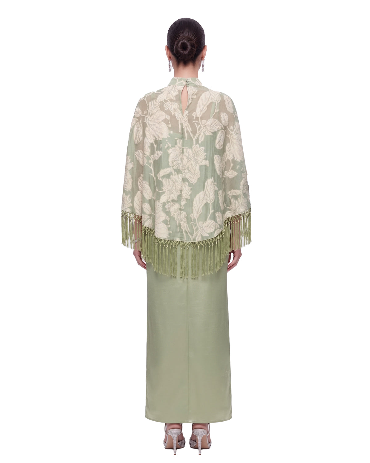 Floral Fringe Cape Maxi Dress - Sage Green
