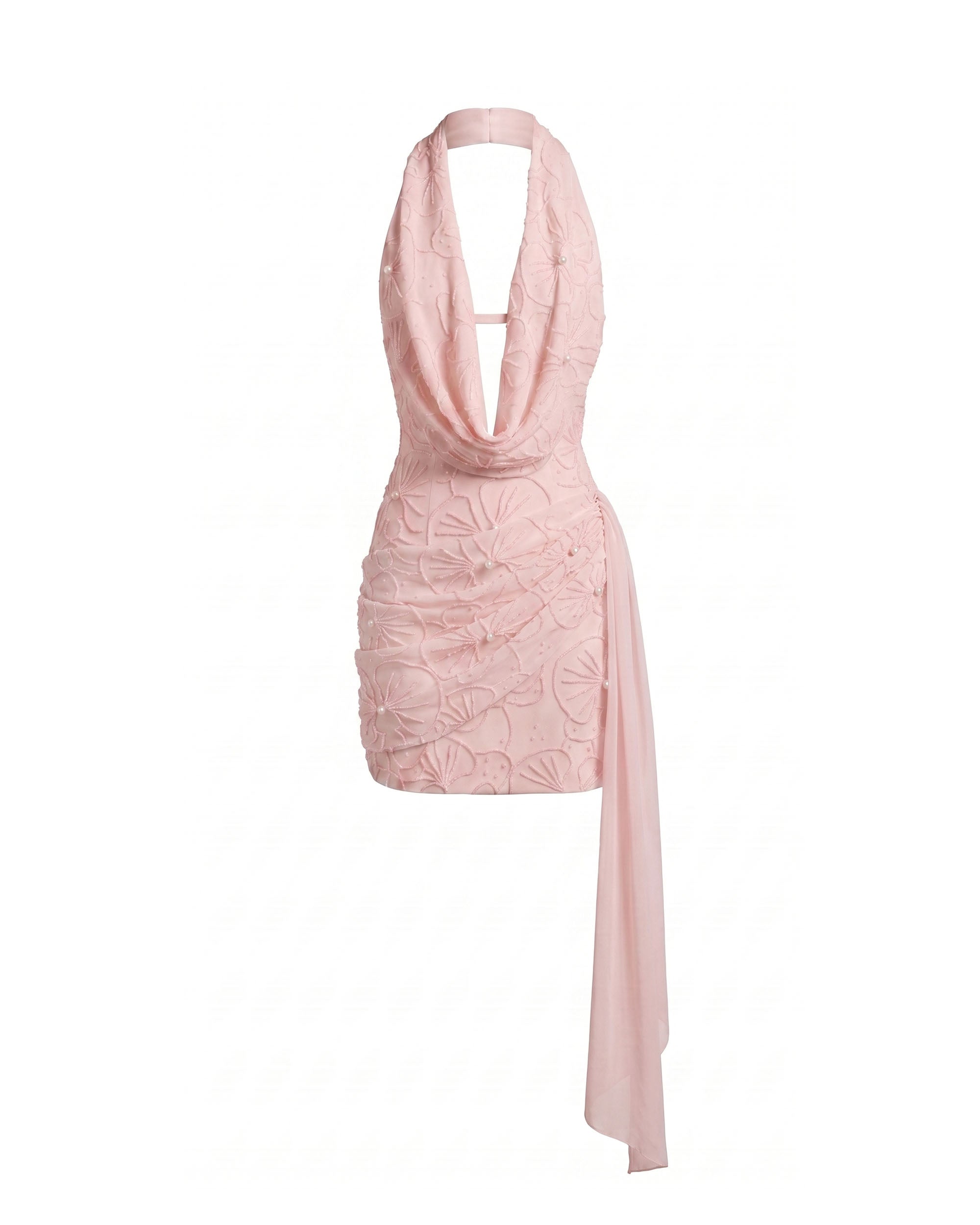 Orchid Beaded Embroidered Cowl Halter Sash Mini Dress - Blush Pink