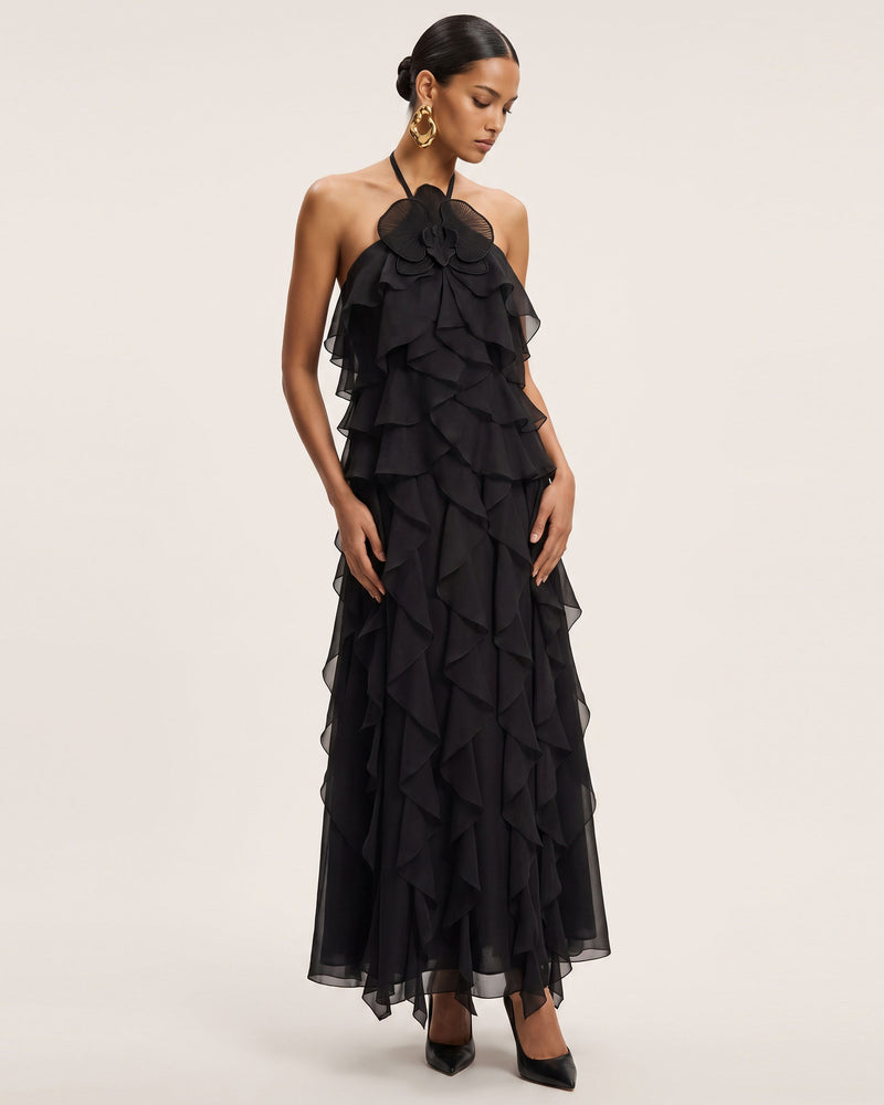 Orchid Embroidered Ruffle Halter Maxi Dress - Black