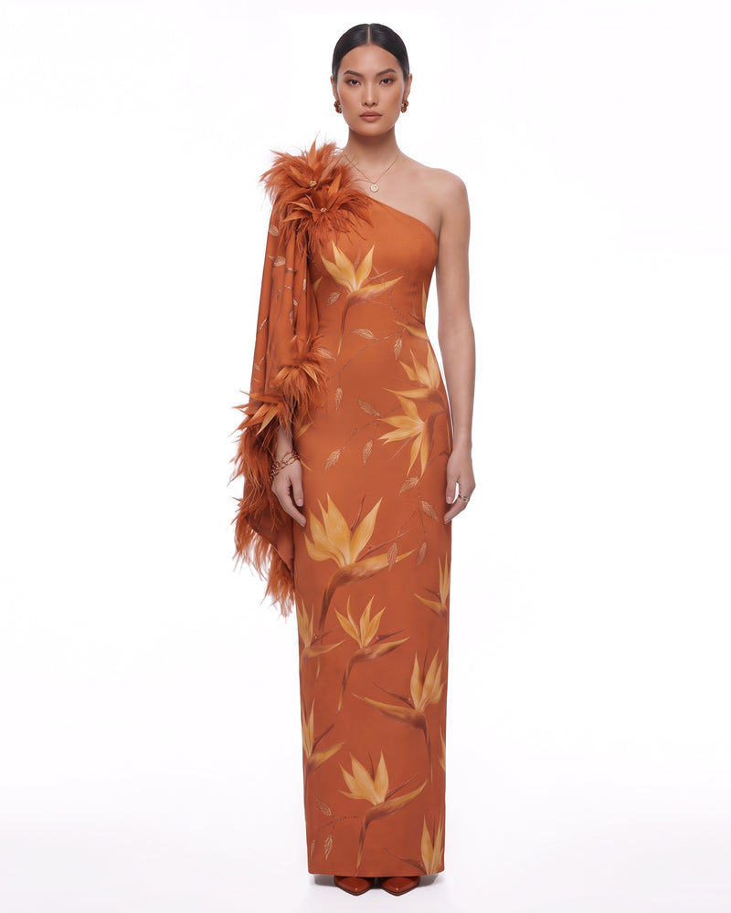 Bird of Paradise Feather-Trim One-Shoulder Maxi Dress - Terracotta
