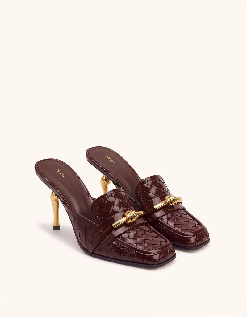 Lena Metal Rope Knot Woven Square Toe Mules - Burgundy