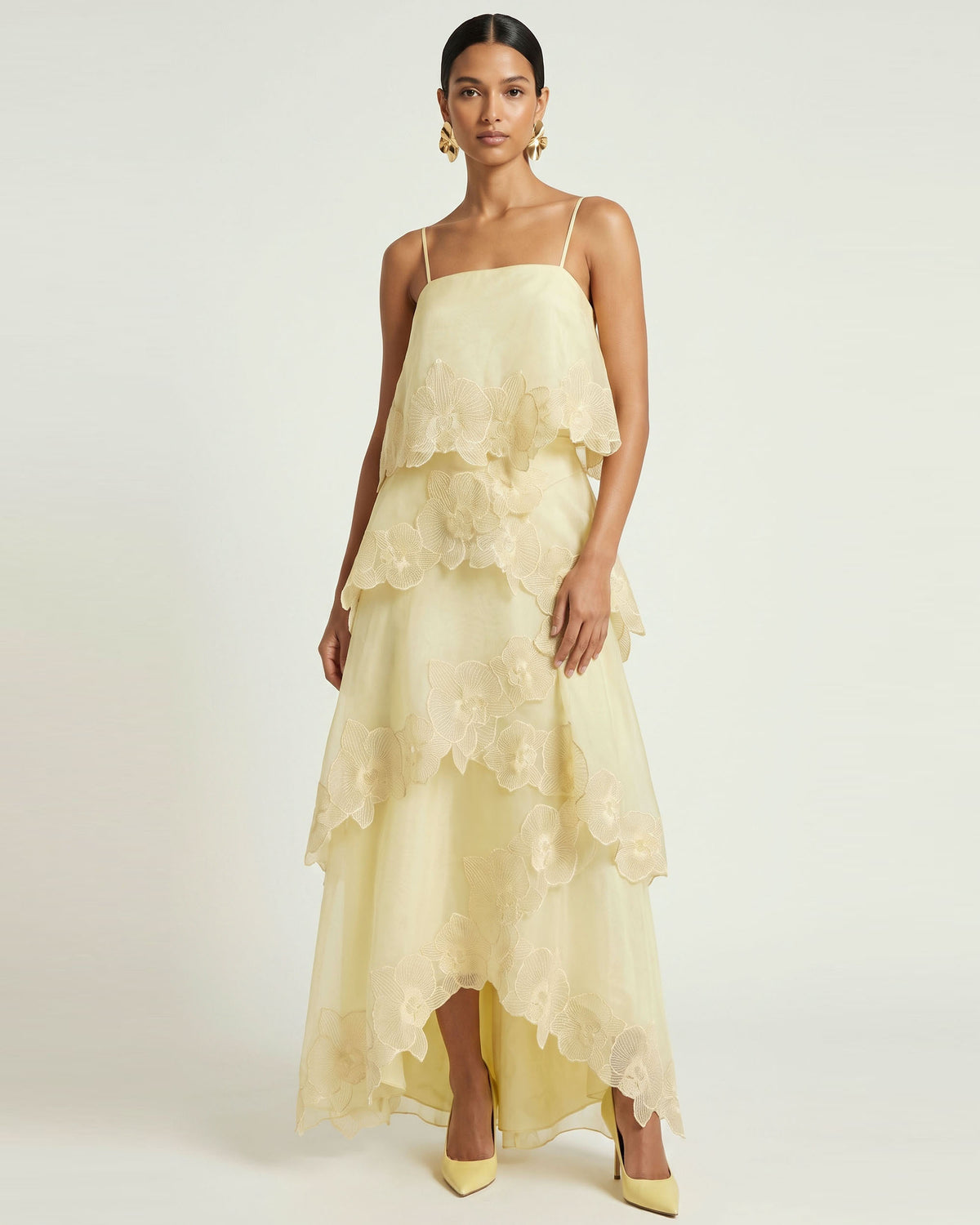 yellow layered dress Orchid Embroidered Maxi - Light 2 1920s inspired dresses Dress style:A-line Long Wedding-Guest Dress with