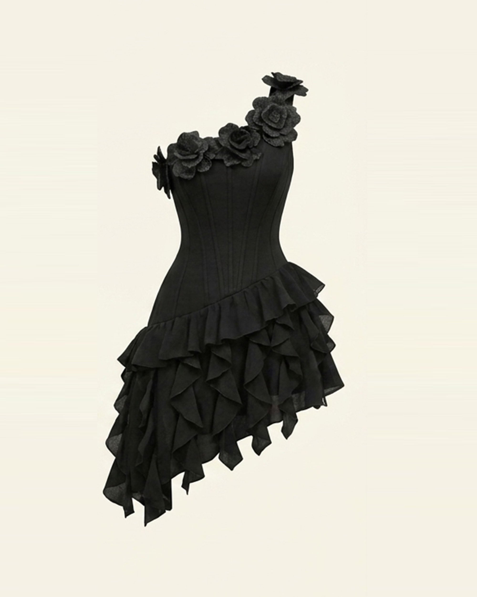 Flower Embroidered One-Shoulder Corset Mini Dress - Black 2