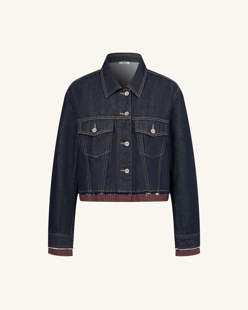 The Preppy Checkered Hem Frayed Jacket - Raw Denim