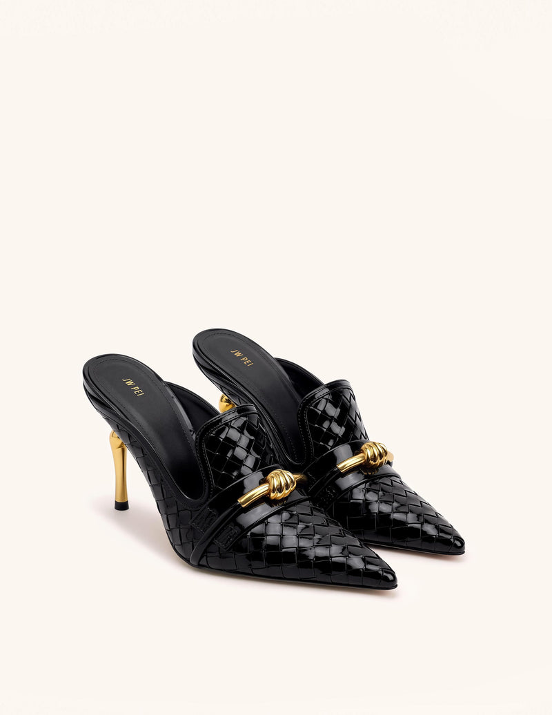 Lena Metal Rope Knot Woven Pointed Toe Mules - Black