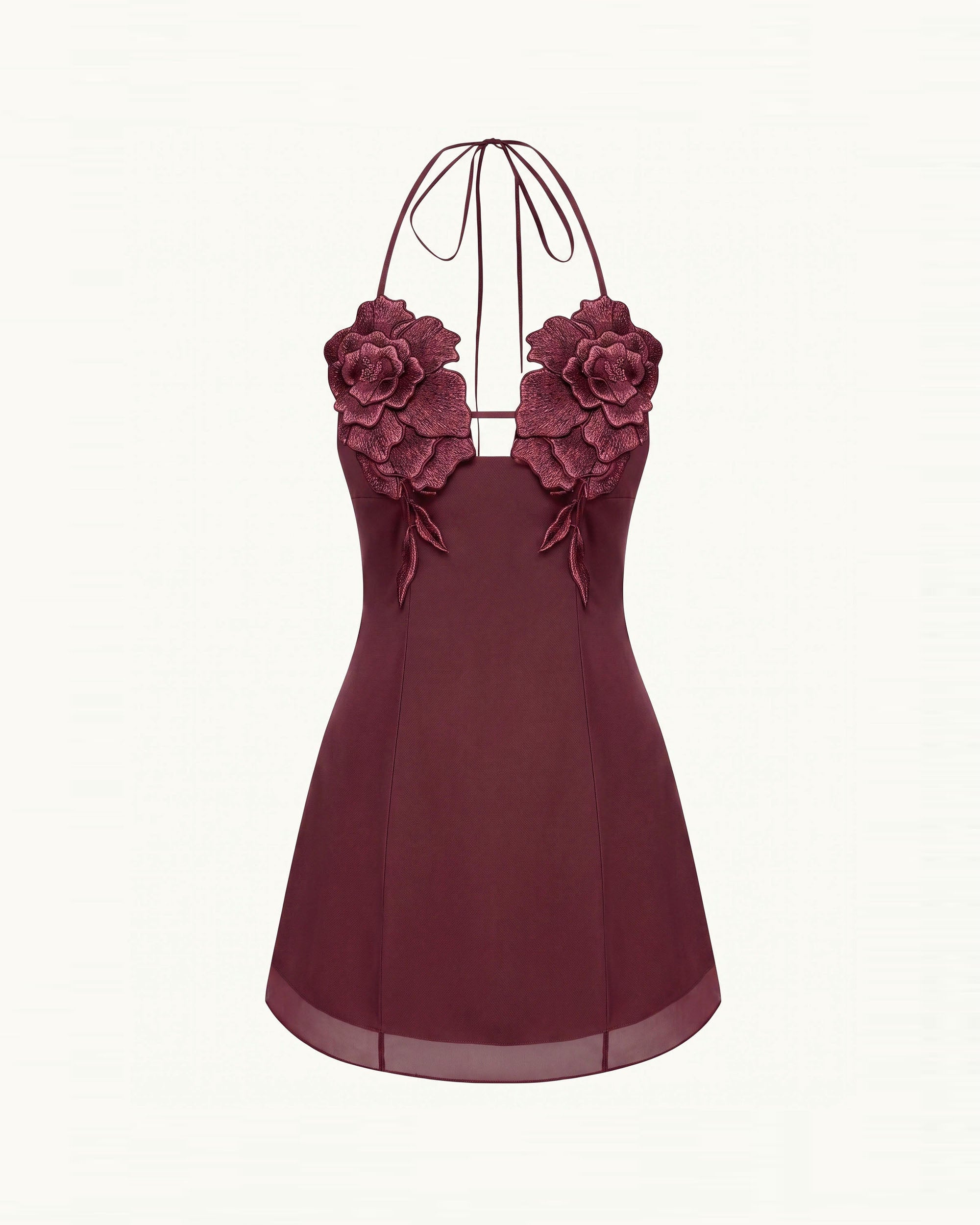 Flower Embroidered Mini Dress - Burgundy