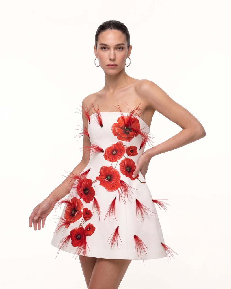 Corn Poppy Feathered Printed Mini Dress - Ivory