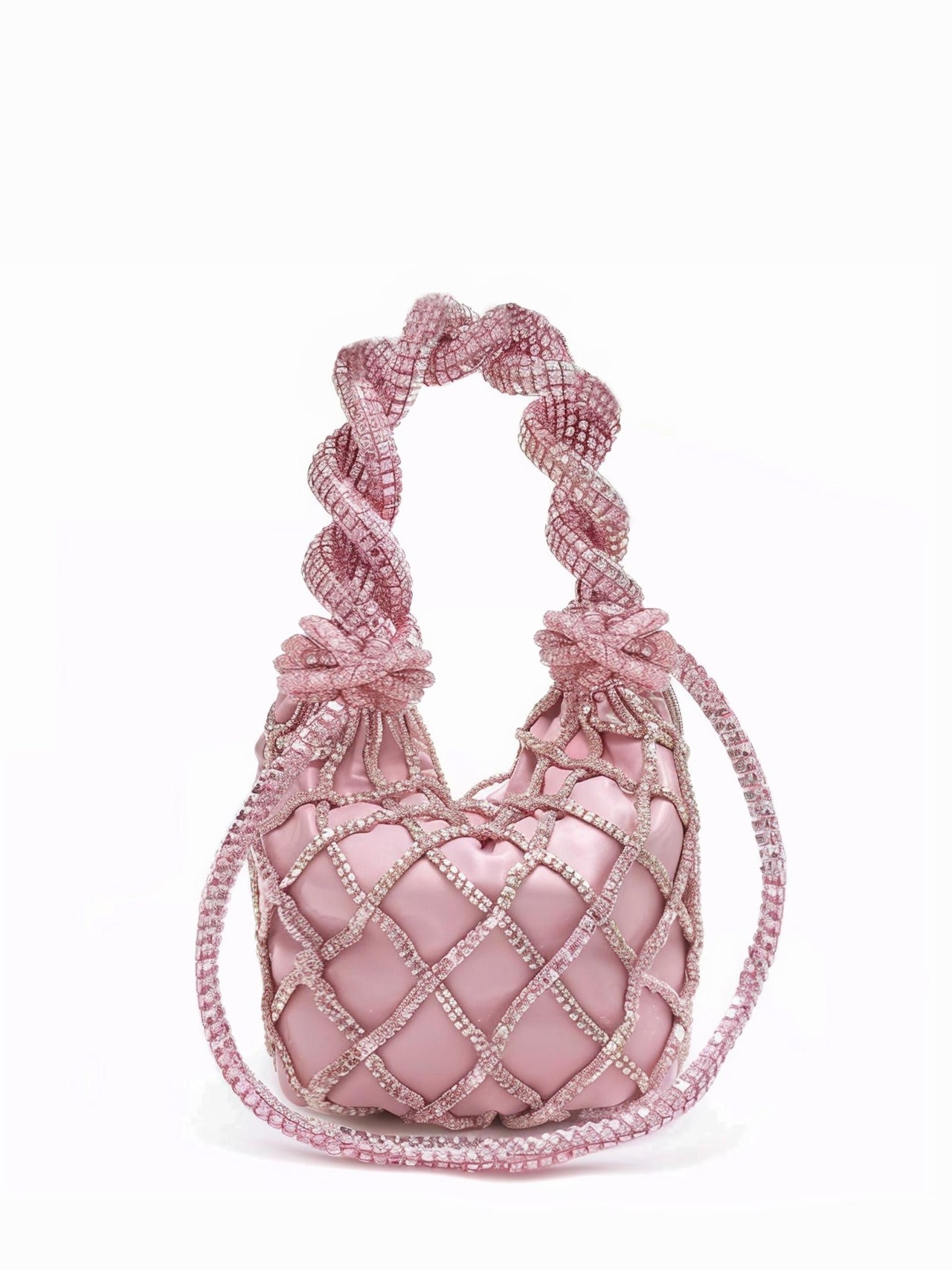 Artificial Crystal Diamond-Shaped Hollow Woven Bucket Bag - Pink