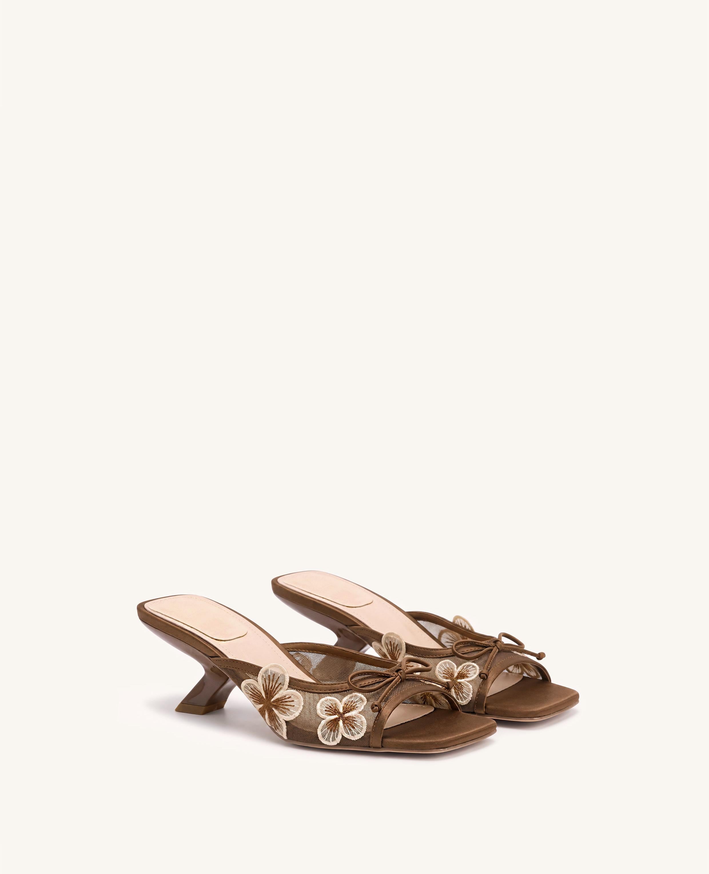 Mireille Bow Floral Embroidered Appliqué Mesh Heeled Sandals - Brown
