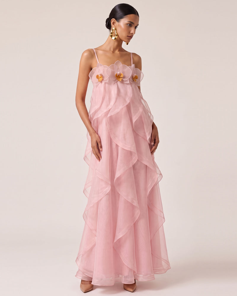 Orchid Embroidered Organza Maxi Dress - Blush Pink