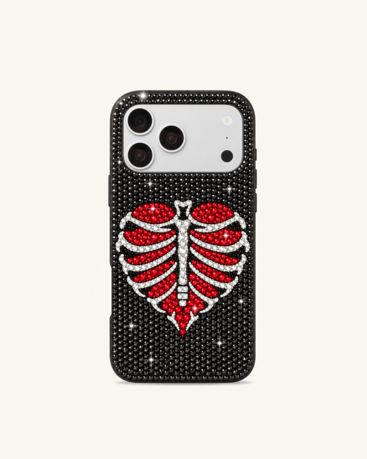 Artificial Crystal Rib Heart Phone Case – Black